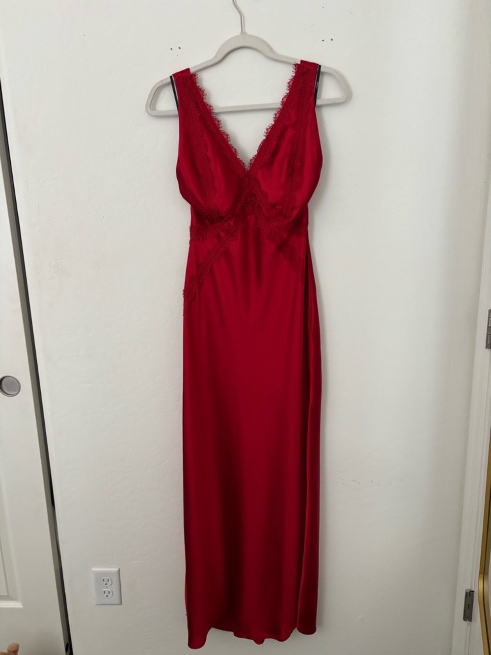 Forever 21 XS Red Satin Lace Trim Maxi Dress Open Back Slip Gown